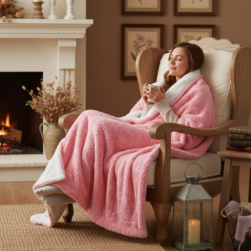 DaDa Bedding Luxury Faux Fur Throw Blanket - [ Non Shedding - Machine Washable] Fluffy Super Cuddly Soft Roses Sherpa Backside - Warm Plush for Lap or Sofa - Bright Vibrant Pink & White - 90" x 90" - Image 2